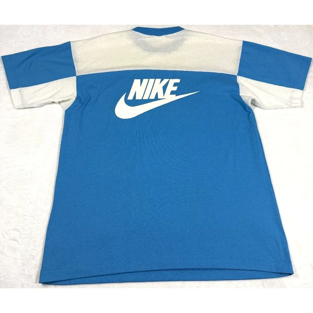 Vintage Nike Color Block T Shirt Men's Large Blue Made in USA Back Graphic Logo